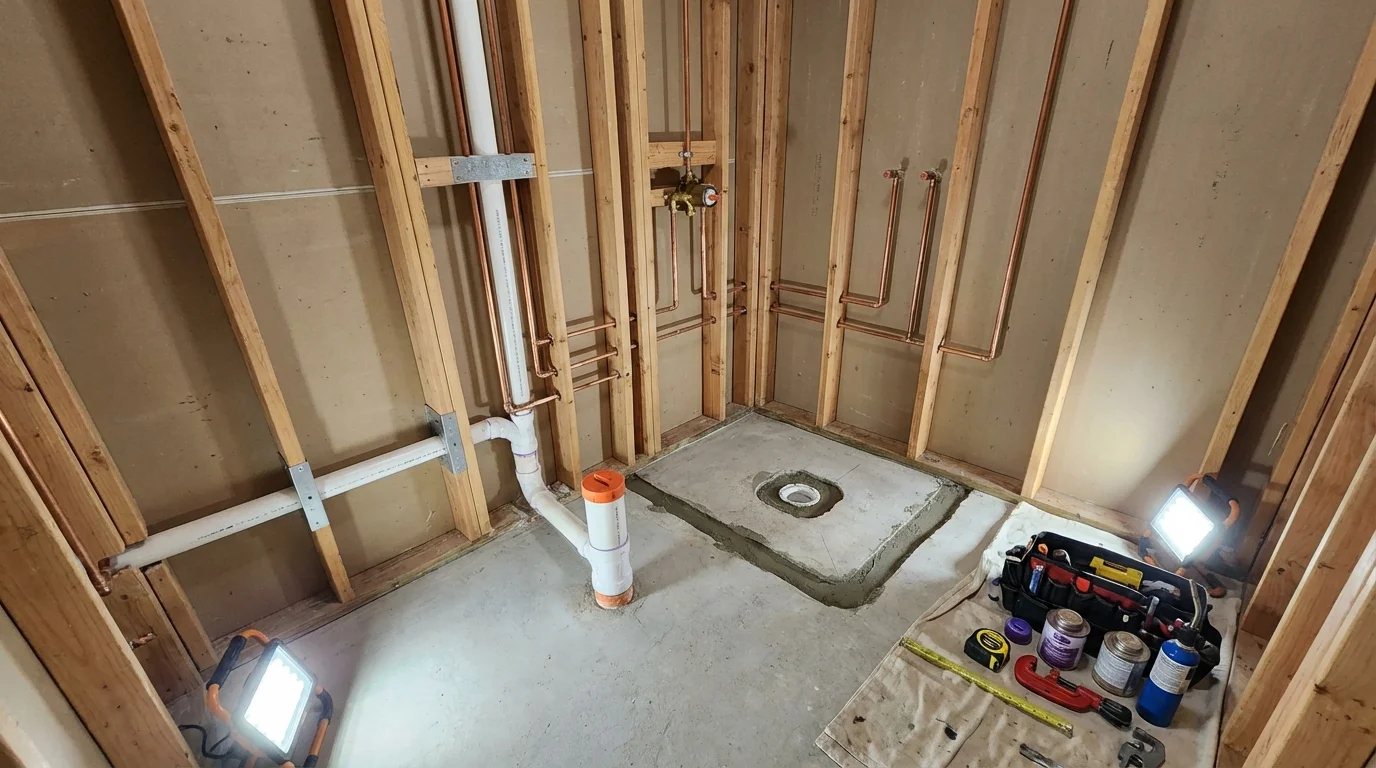 Bathroom rough-in plumbing during remodel by Johns Plumbing LLC in Scott City