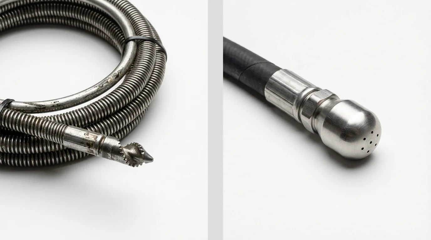 Drain snake cable and hydro jetting nozzle used for drain cleaning in Scott City, MO
