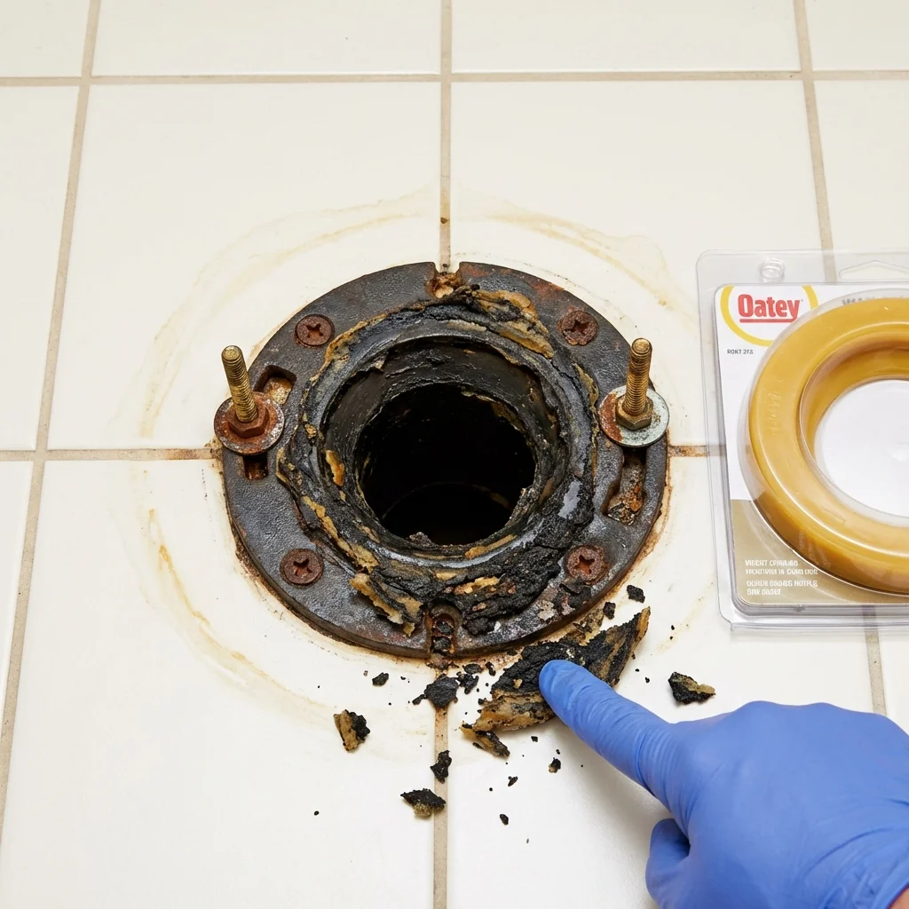 Failed wax ring showing water seepage at the base of a toilet in a Scott City, MO home