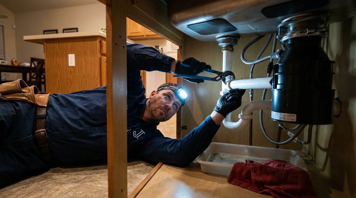 P-trap and supply line connections under a kitchen sink showing a common leak point in Scott City, MO